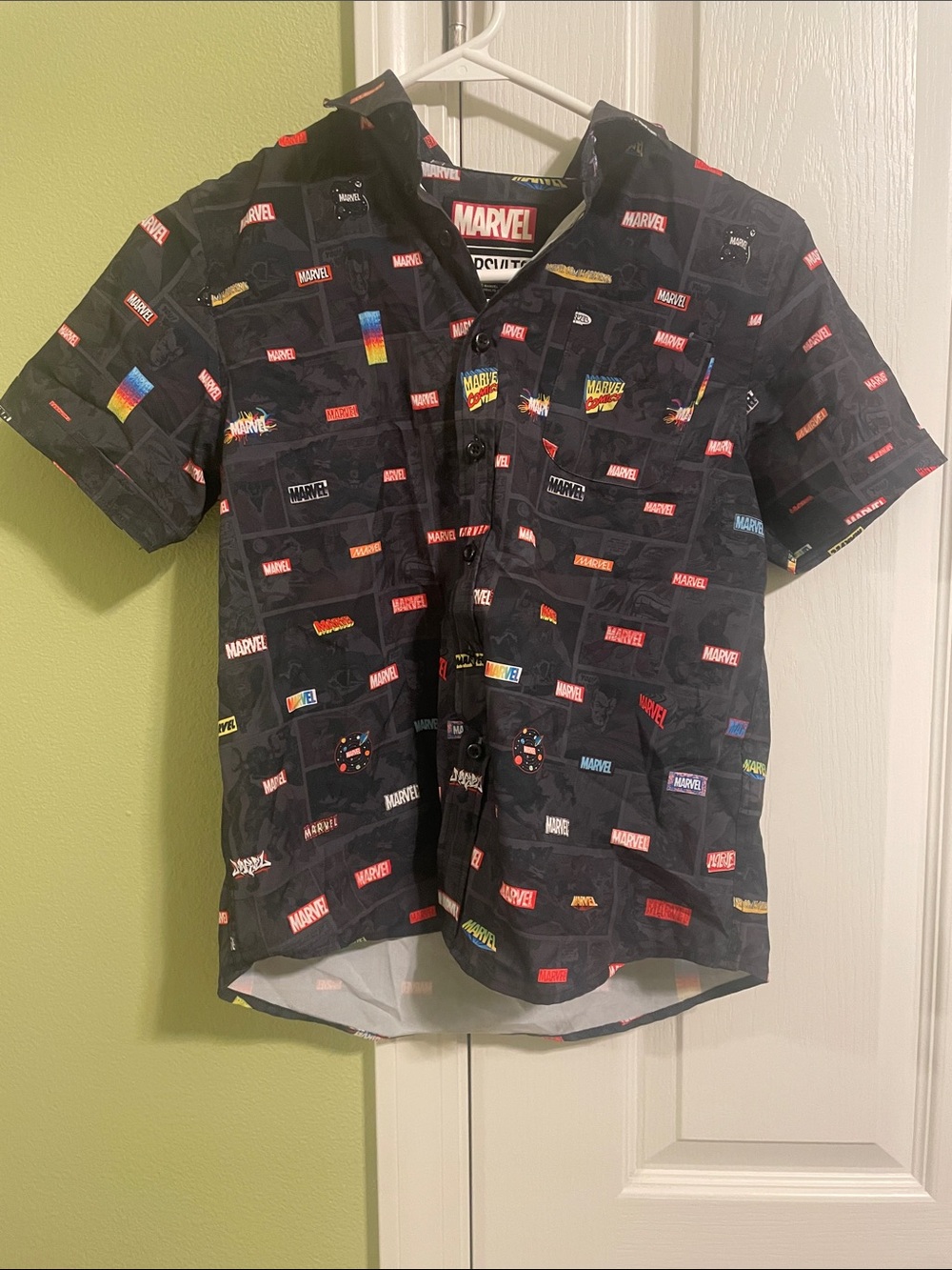Marvel Boy’s Short-Sleeve Button-Up Shirt - Black Logo Print